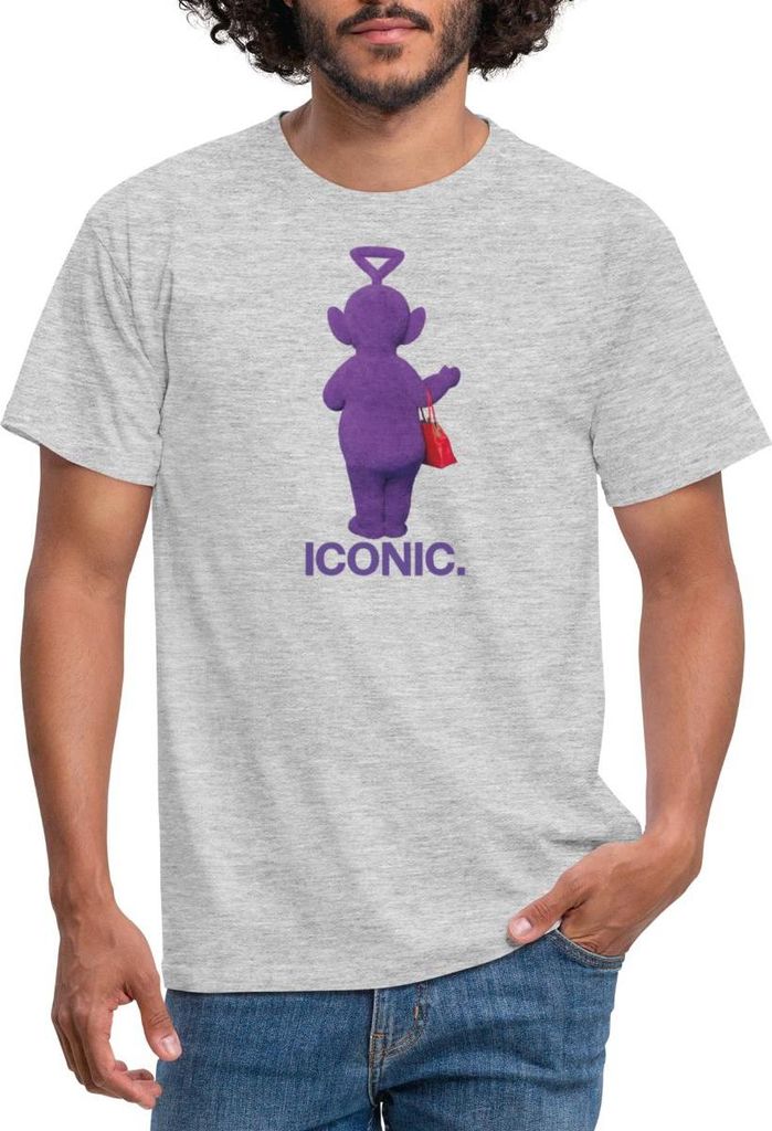 Spreadshirt Teletubbies Iconic-Design Tinky Winky & Handtasche Männer T-Shirt, M, Grau meliert
