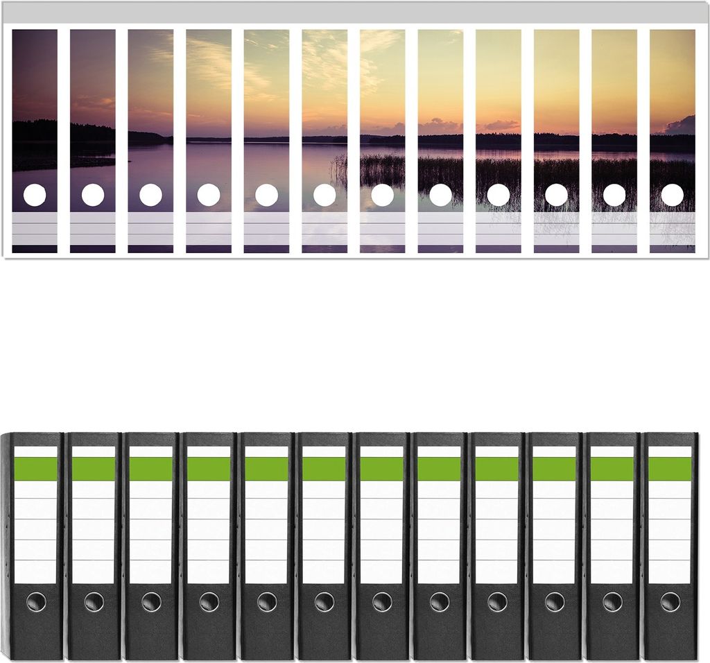 Wallario 12 Stück breite Ordner inkl. Klebeetiketten mit Motive See in der Abenddämmerung - Set mit Rückenschildern / Ordnerrücken Stickern