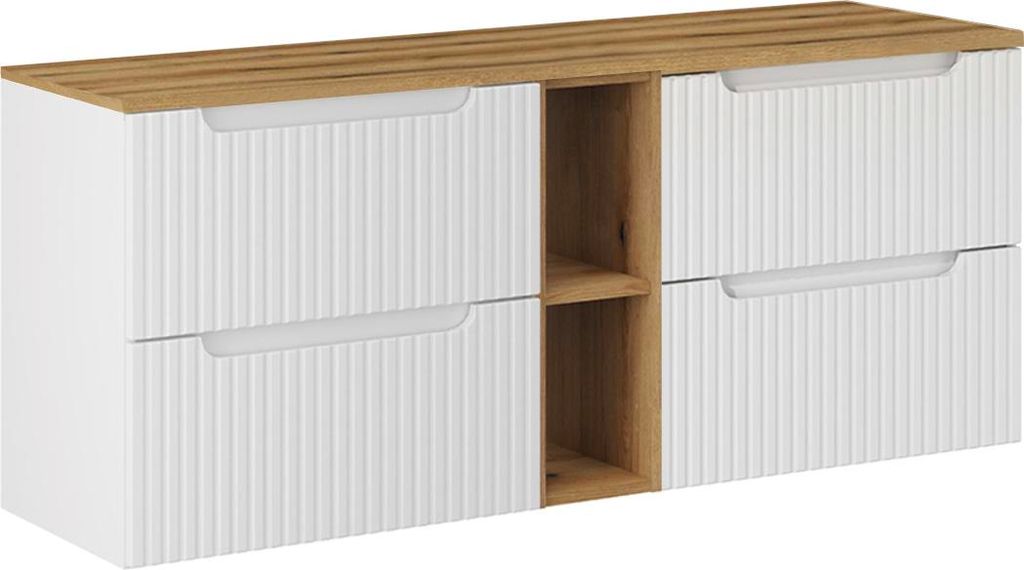 Waschtischunterschrank 140.4cm Riva mit 4 Schubladen, Weiß und Holzoptik