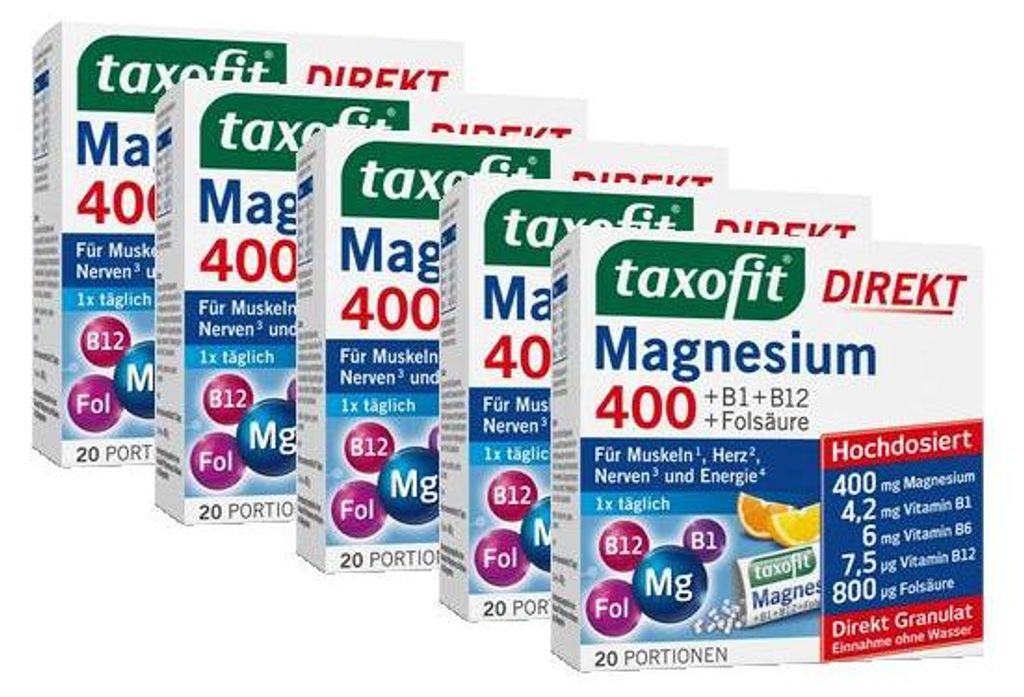 taxofit Direkt Magnesium 400 + B1, B12 & Folsäure 5 x 20 Portionen