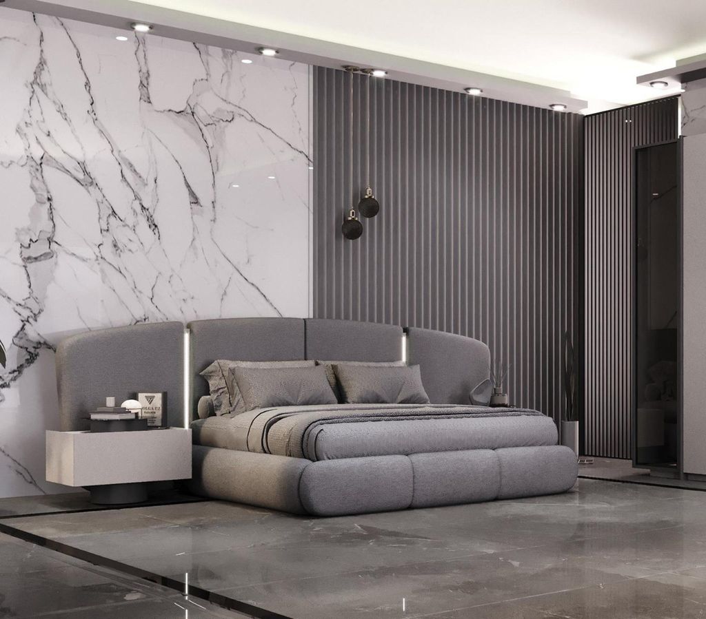 Modernes Graues Schlafzimmer Set Edles Textilbett Holz Nachttische