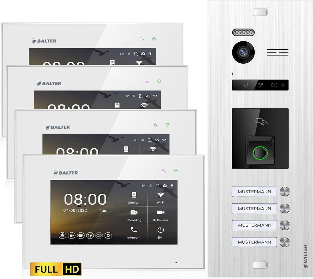 HD Video Türsprechanlage mit Fingerprint und RFID für 4 Familienhaus, 4x Monitore, Balter EVO HD Fingerprint
