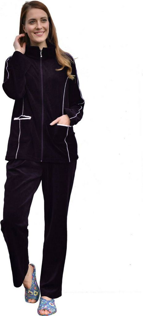 RAIKOU Damen Velours Nicki Freizeitanzug Hausanzug Nicki-Anzug mit Reißverschluss und Satinband Dunkel Lila 36/38 M