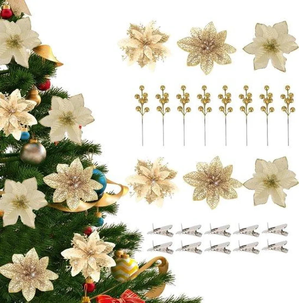 Étoiles de Noël Artificielles Dorées et Baies : Kit Déco de 30 Pièces