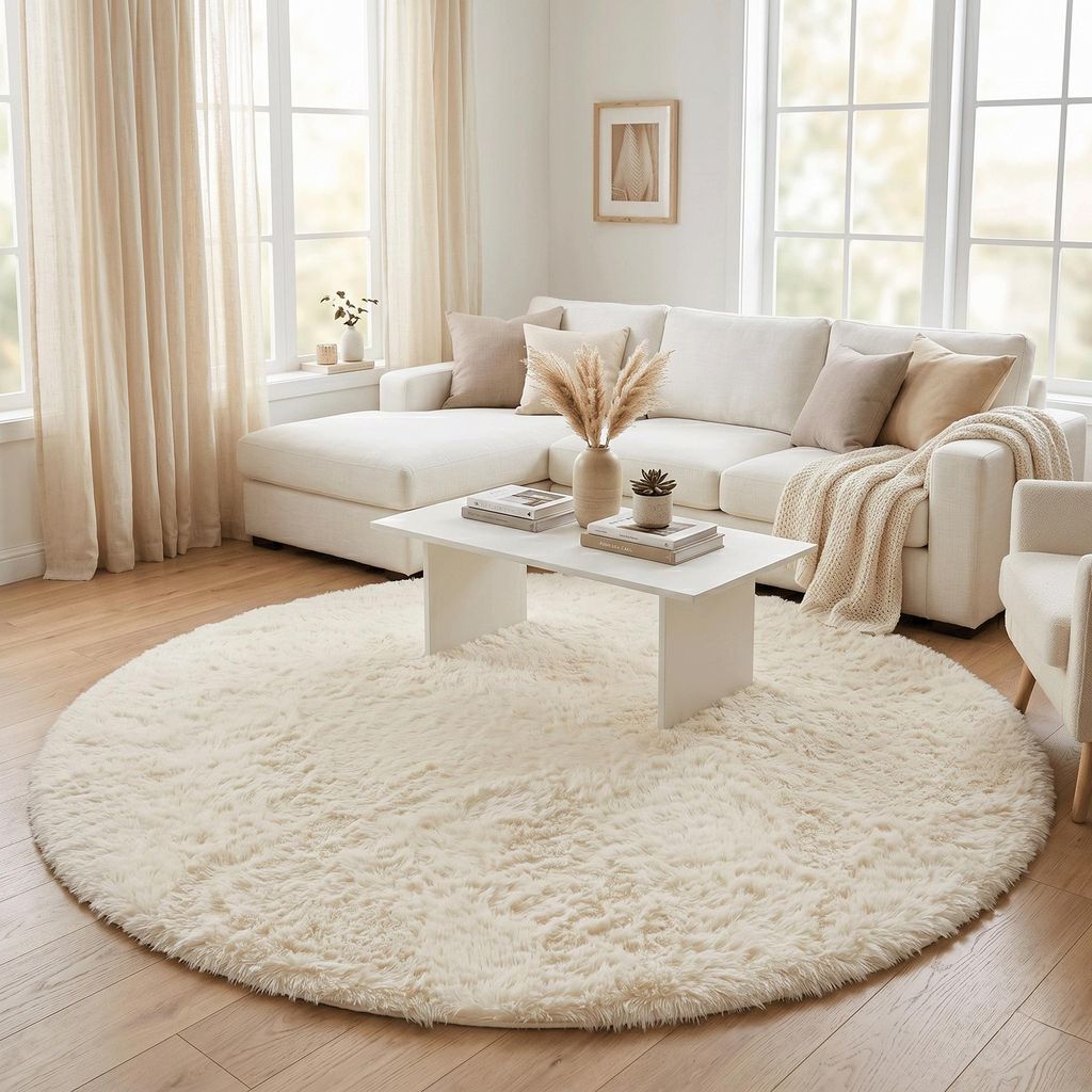 Fluffy Hochflor Shaggy Teppich Creme Rund, Größe:160 cm Rund