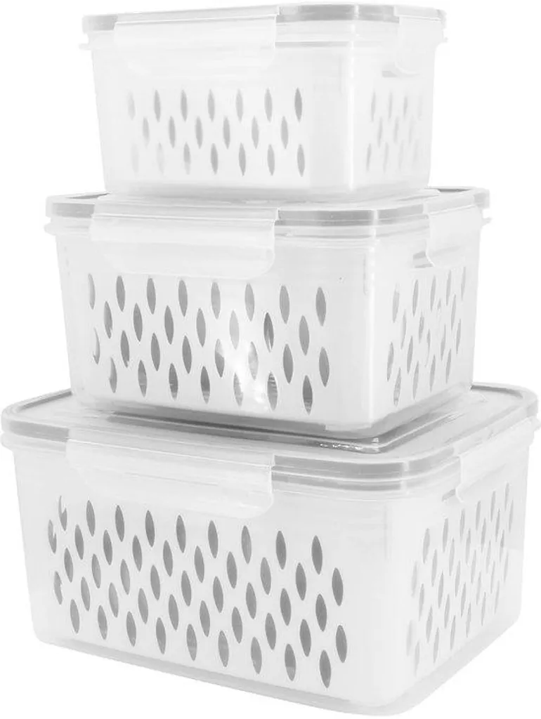 Rangement frigo empilable blanc pour fruits et légumes - Pack de 3 bacs