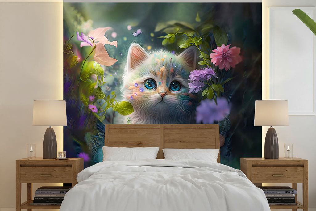 MuchoWow Fototapete für Wohnzimmer oder Schlafzimmer Wandtapete Vinyl Motivtapete Kätzchen - Blumen - Wald - Illustration - Katze - 350x350 cm ...