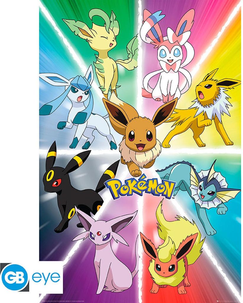 A collage of various Eevee evolutions from the Pokemon franchise, arranged around the Pokemon logo.