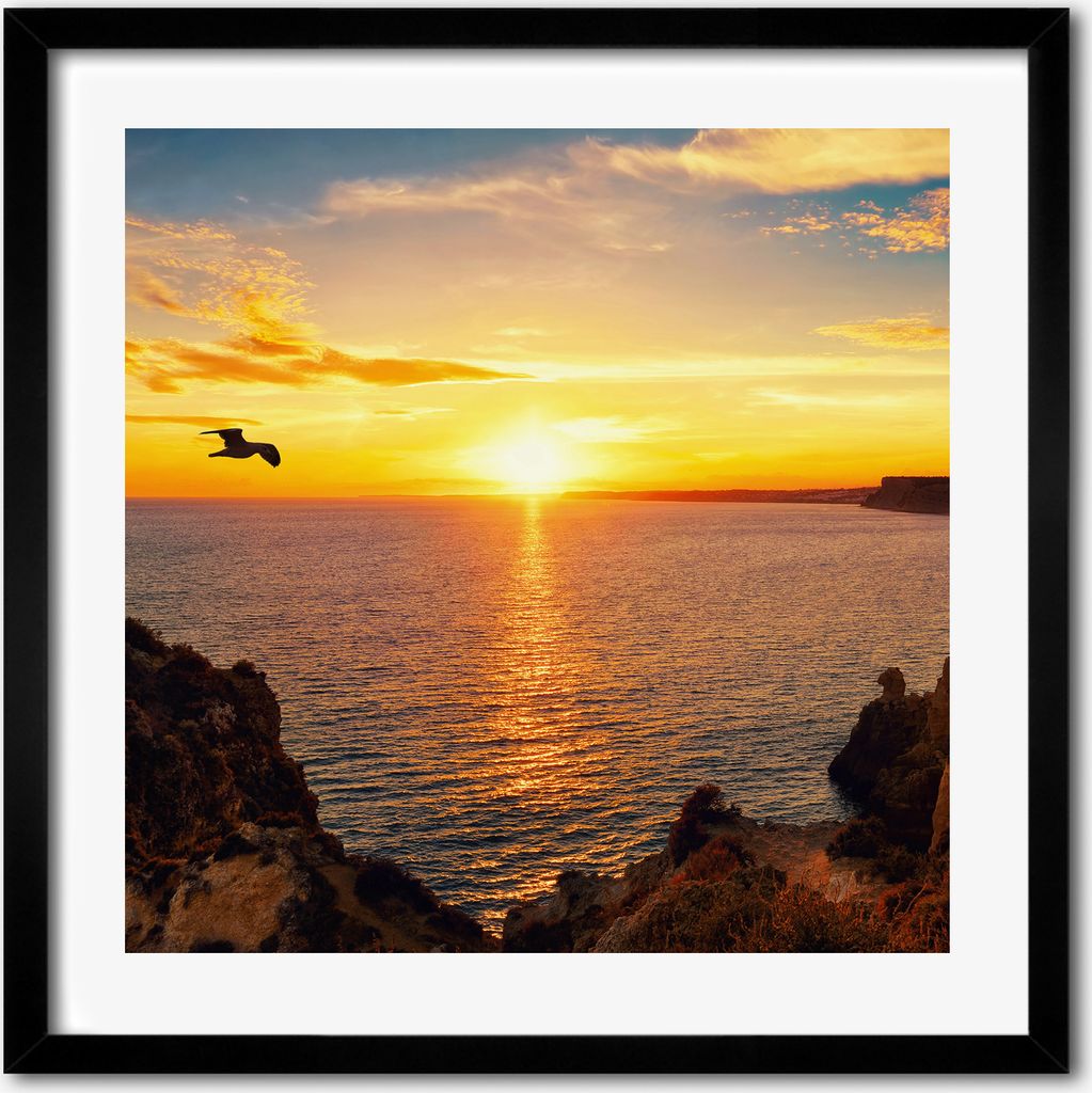 Bild - 50 cm x 50 cm - MDF - Rahmen, Wandkunst - Sonnenuntergang Meer