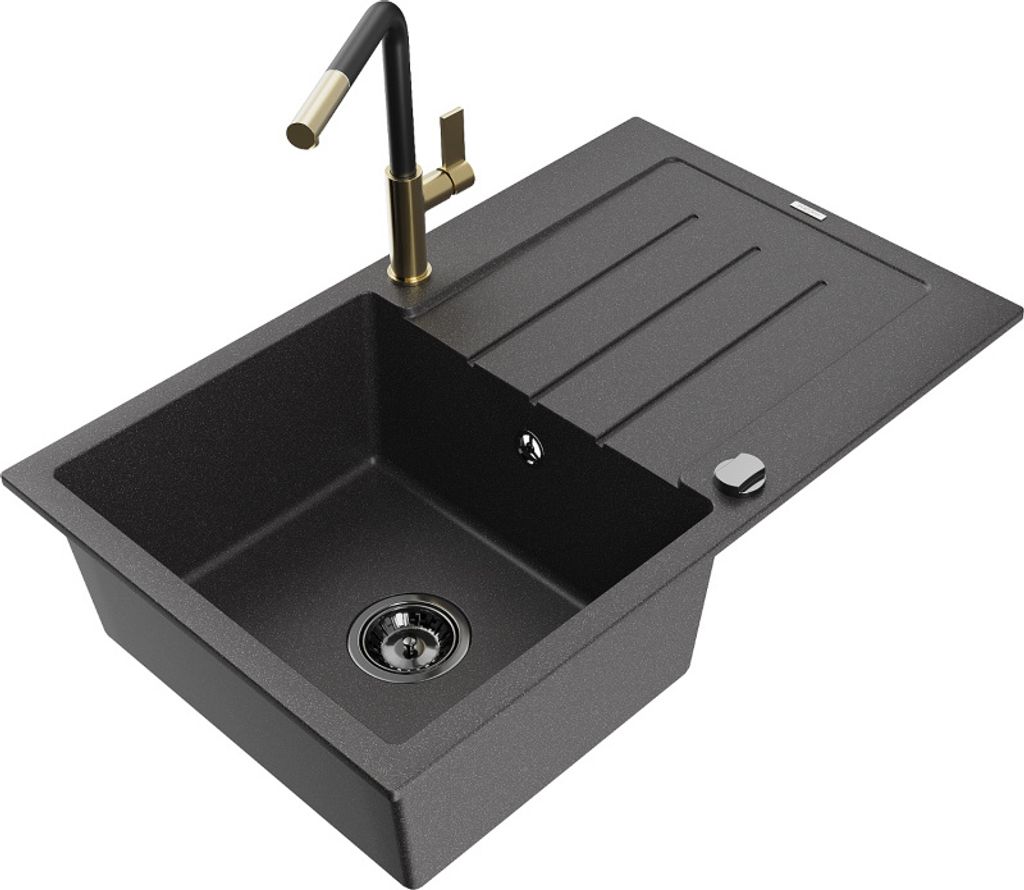 Mexen Bruno 1 Becken-Granitspüle mit Abtropffläche und Mischbatterie Flora, Schwarz gesprenkelt - 6513-76-670401-57-B