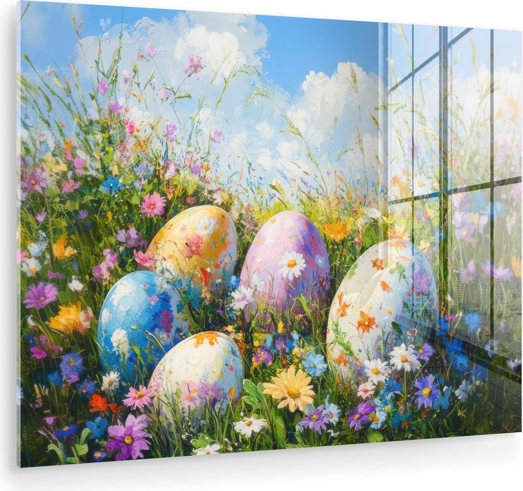 MuchoWow Glasbilder - Bilder auf Wandbild - Foto auf Glas Rasen - Eier - Blumen 40x30 cm Wanddekoration aus Glas - Acrylglasbild - Acrylbilder - Bi...