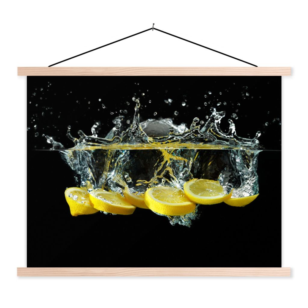 MuchoWow Textilposter Zitrone - Frucht - Gelb - Stilleben - Wasser 40x30 cm mit holzfarbenen Rahmen - Bilder