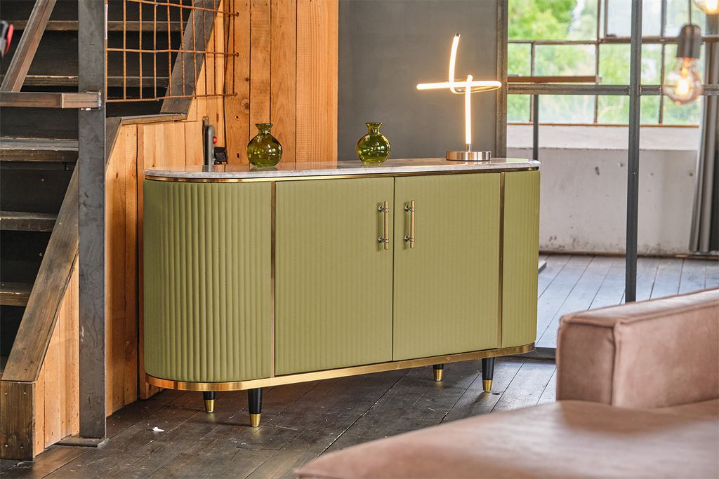 KAWOLA Sideboard MARIA Marmorplatte Kunstleder olivgrün Produktbild 