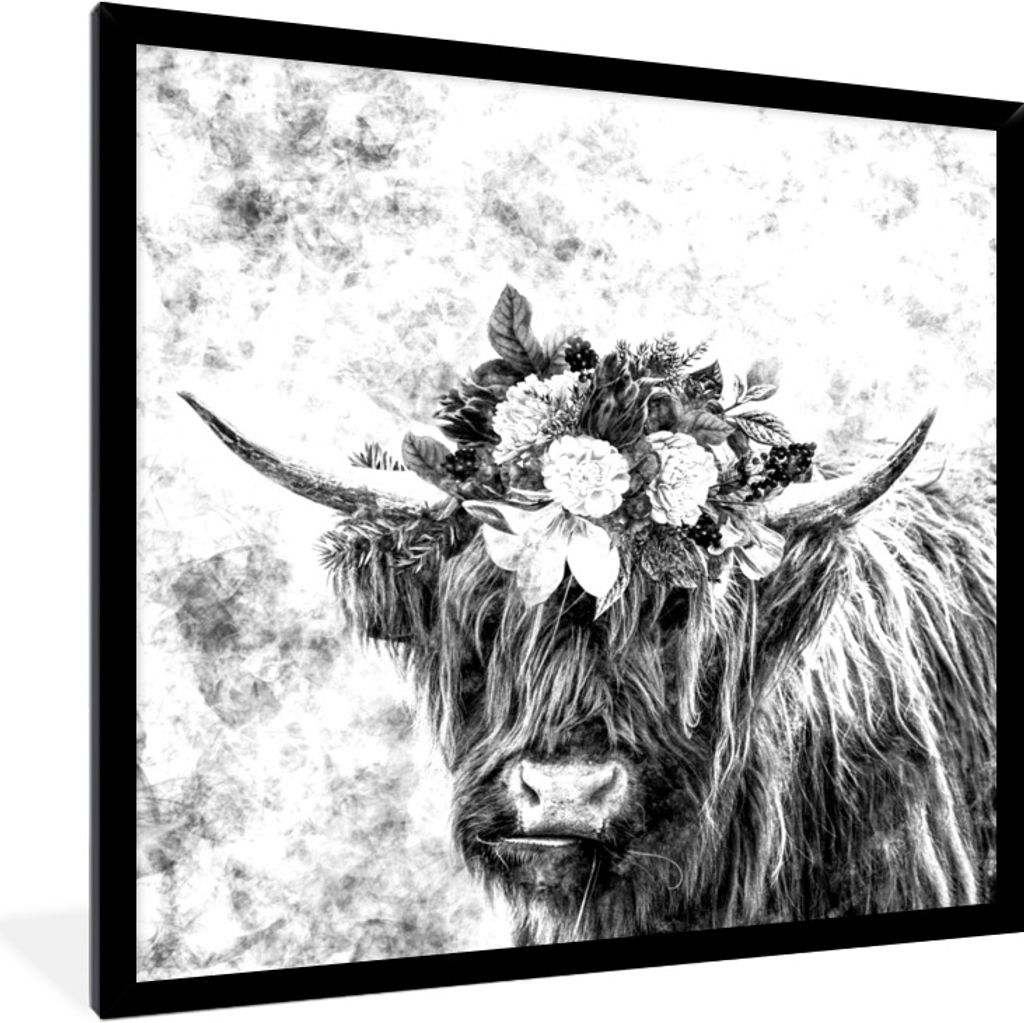 MuchoWow Gerahmtes Poster Schottischer Highlander - Blumen - Schwarz - Weiß 40x40 cm - Poster mit Schwarzem Bilderrahmen Wandposter Rahmen Foto ...