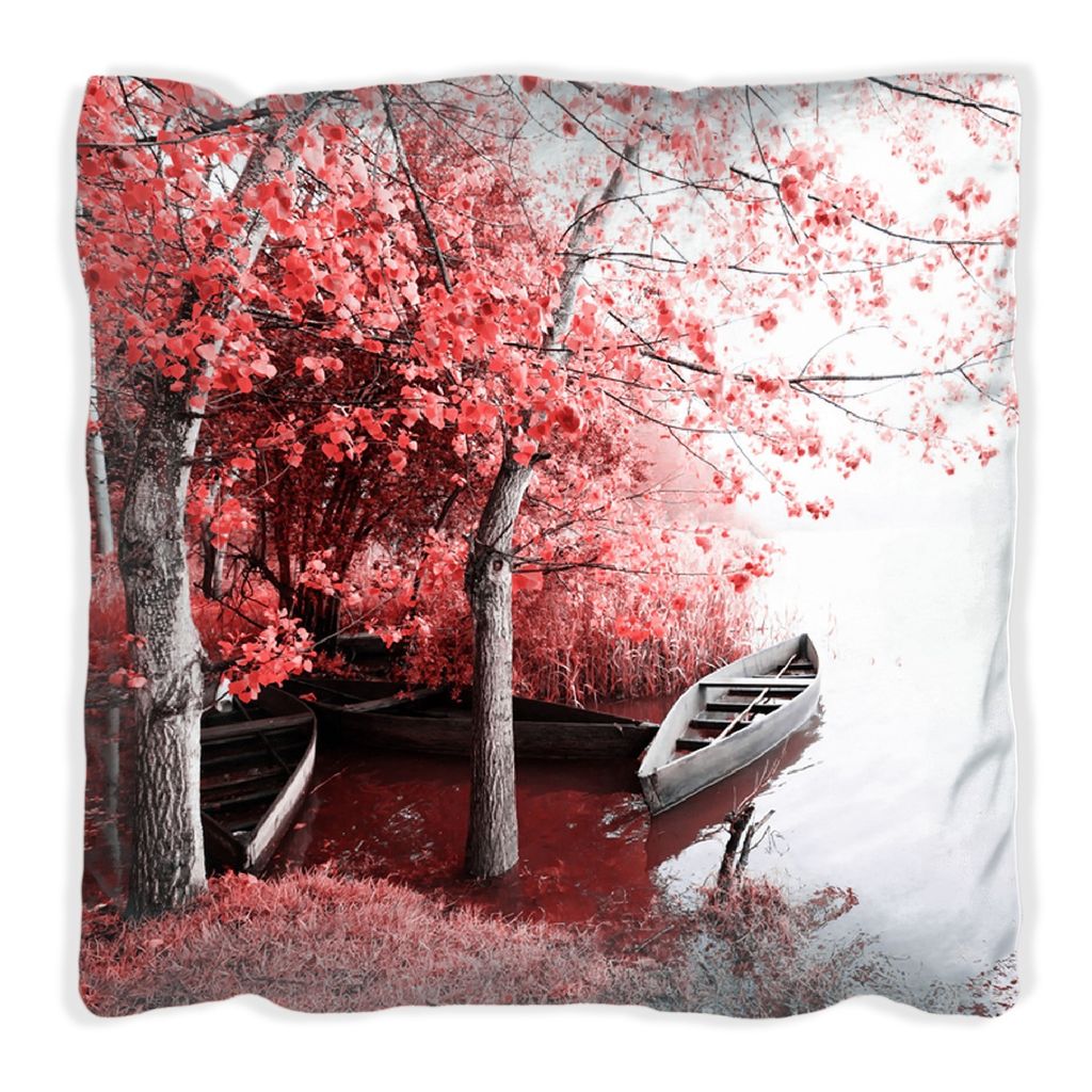 Wallario Premium Kissen, weiche Oberfläche, mit Motiv Romantische Bootsanlegestelle in rot-weiß, Größe: 60 x 60 cm, mit weißer Rückseite