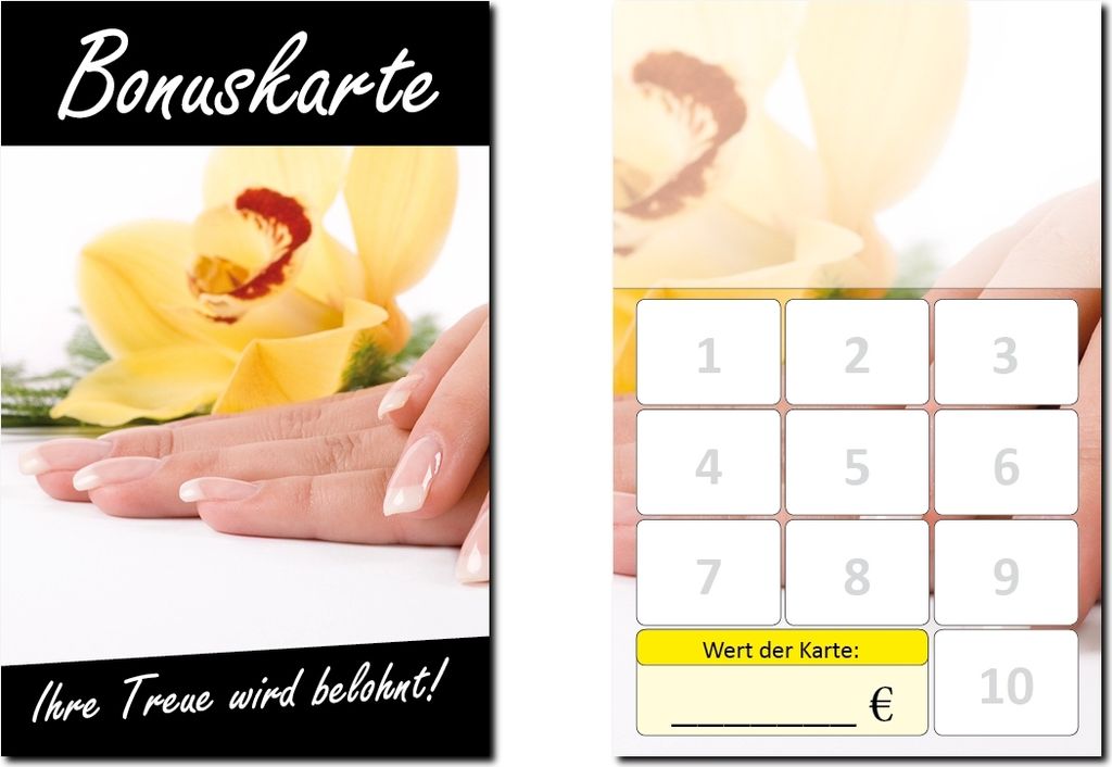 100 Stück Bonuskarten Nagelstudio gelb Wellness Kosmetik (BOK-419) mit 10 Stempelfeldern Treuekarten Massage Beauty