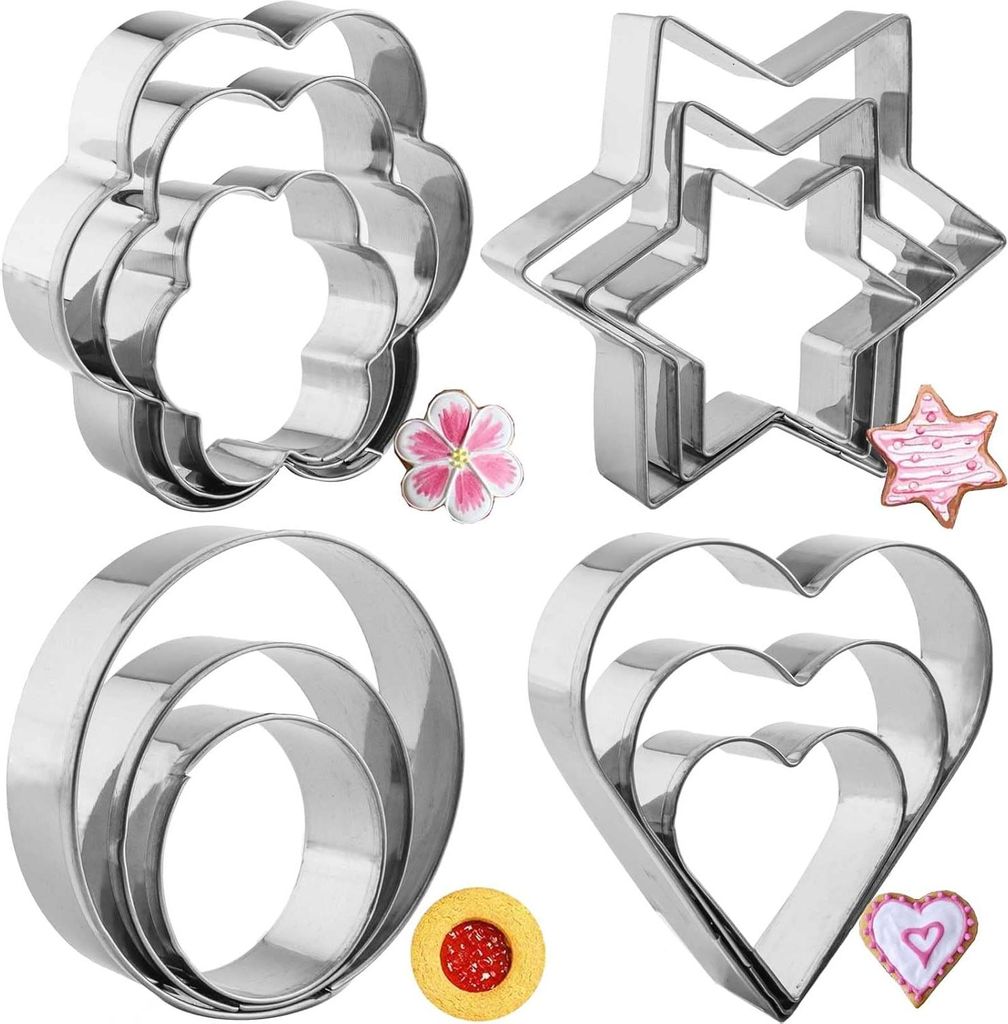 12-teiliges Ausstechformen-Set Herz, Stern, Blume, Kreisformen, Silber, spš¹lmaschinenfest