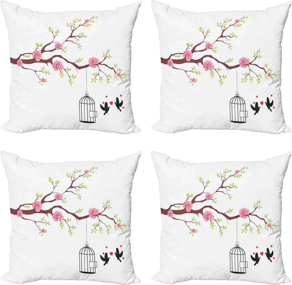 ABAKUHAUS Vögel Kissenbezug Set (4 Stück), Rosen-Blüten-Vögel, Moderner Doppelseitiger Digitaldruck, 45 cm x 45 cm, Rosa, Braun, Weiß
