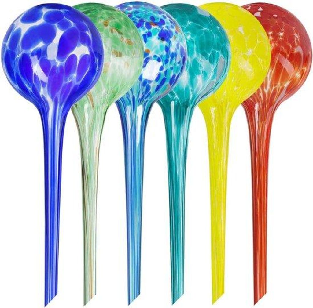 Glas-Wasserspeicher-Set - Selbstwassertische Kugeln - Pflanzenpflege - Handgefertigt aus Glas - 6 Stück 200 ml - Mehrfarbig