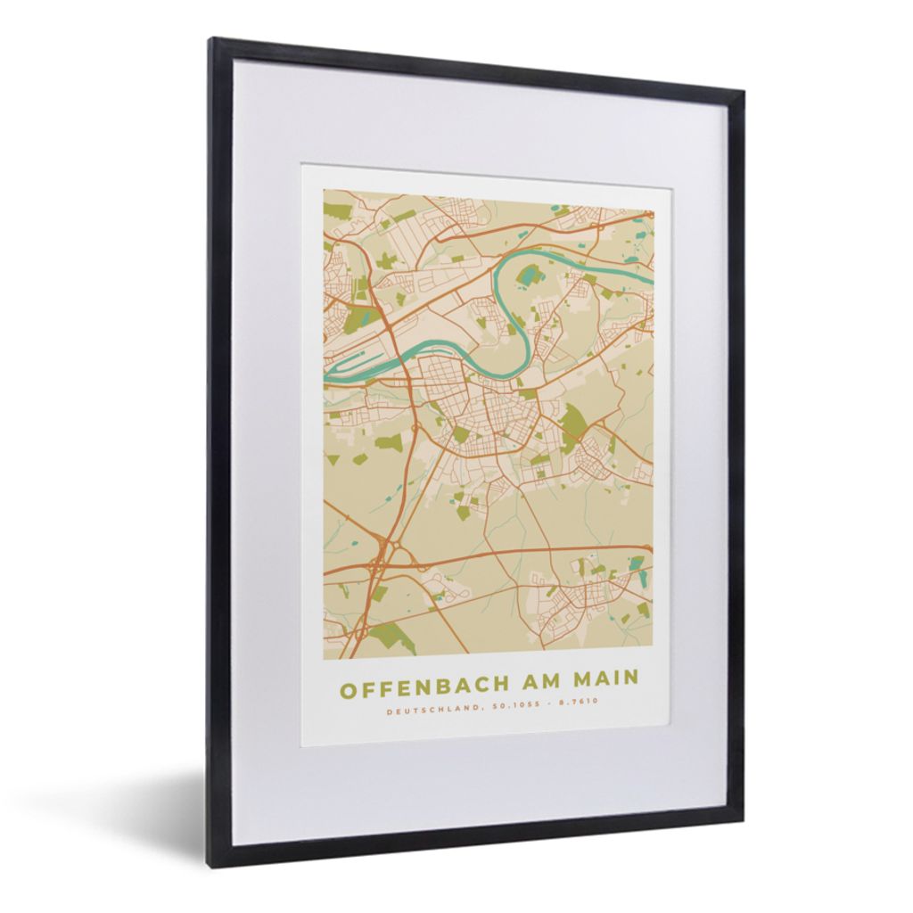 MuchoWow Gerahmtes Poster Stadtplan - Offenbach am Main - Vintage - Karte 30x40 cm - Poster mit Schwarzem Bilderrahmen Wandposter Rahmen Foto Bil...