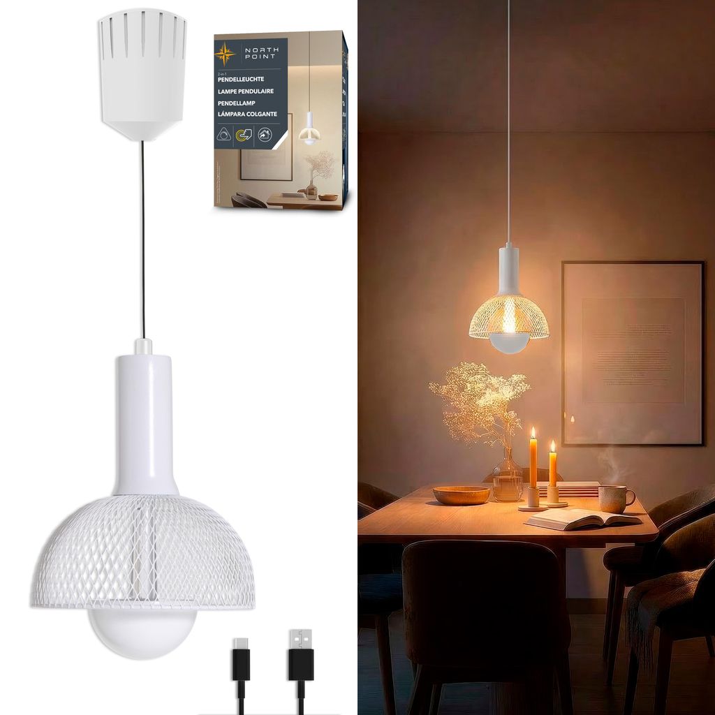 LED Akku Pendelleuchte 2-in-1 – Höhenverstellbar mit abnehmbarer Leuchteinheit Touch-Dimmer weiss