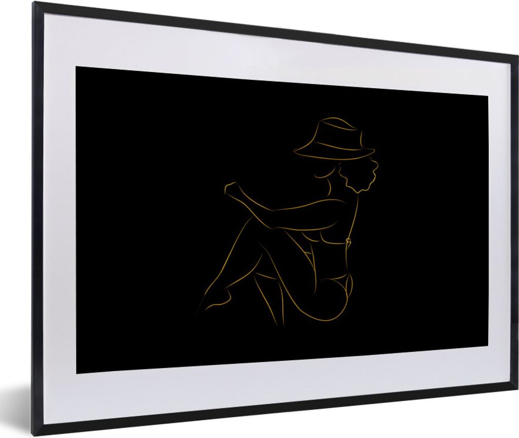 MuchoWow Gerahmtes Poster Frau - Hut - Gold - Strichzeichnung 60x40 cm - Poster mit Schwarzem Bilderrahmen Wandposter Rahmen Foto Bilder - Schlaf...