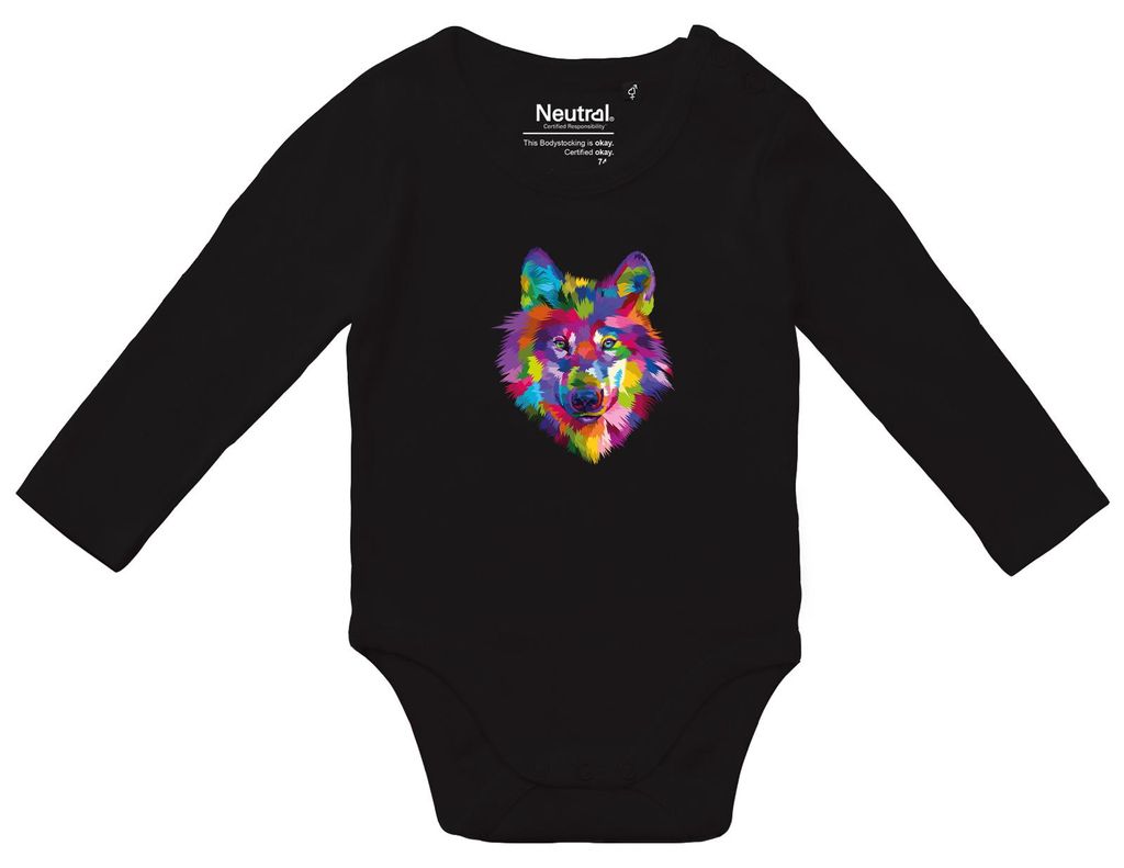 Huuraa Baby Body Wolf Colorful 62 Black Baumwolle Fairtrade Langarmbody Geschenkidee
