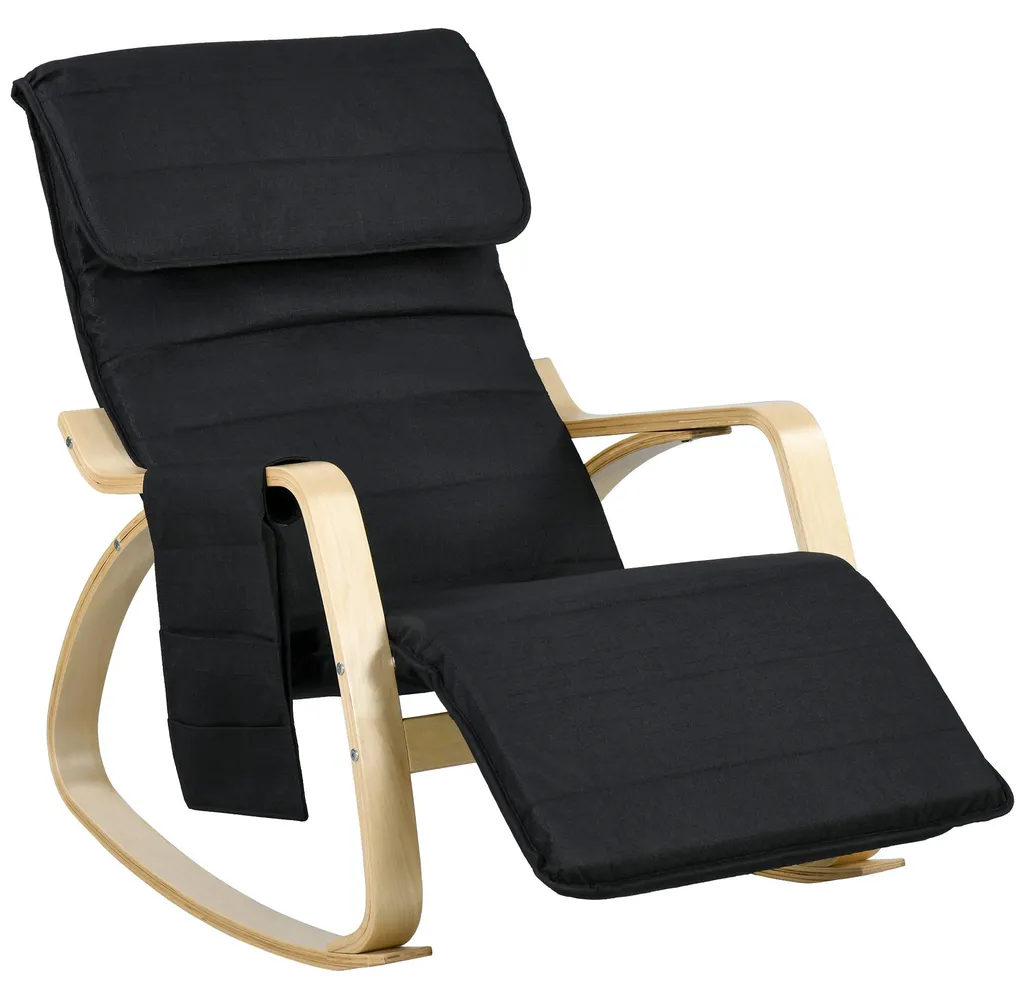 Fauteuil allaitement à bascule ergonomique en bois et tissu noir doux