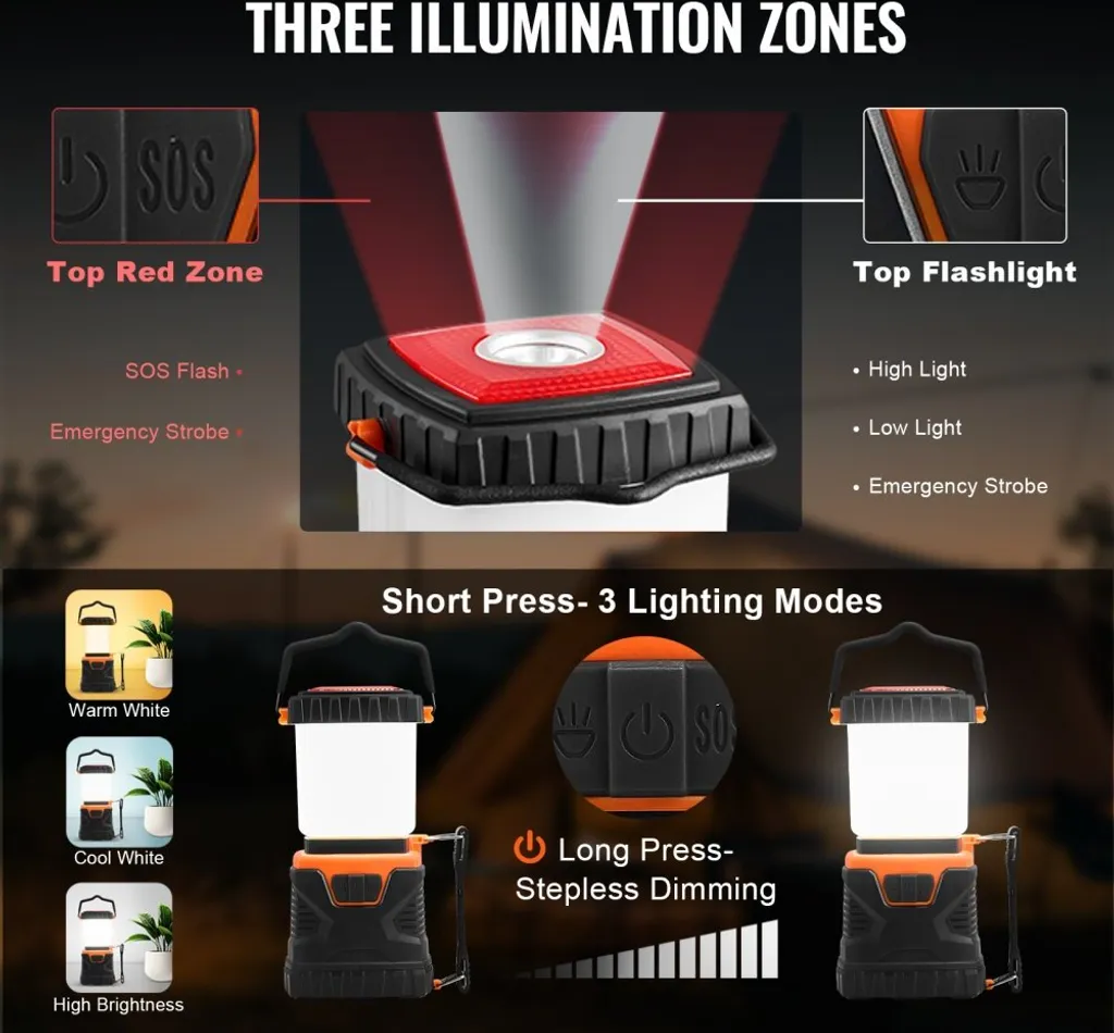 Lanterne camping LED durable 4 modes avec crochet de suspension ABS