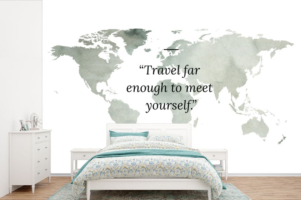 MuchoWow Fototapete für Wohnzimmer oder Schlafzimmer Wandtapete Vinyl Motivtapete Weltkarte - Aquarell - Zitate - 600x400 cm - Vinyltapeten