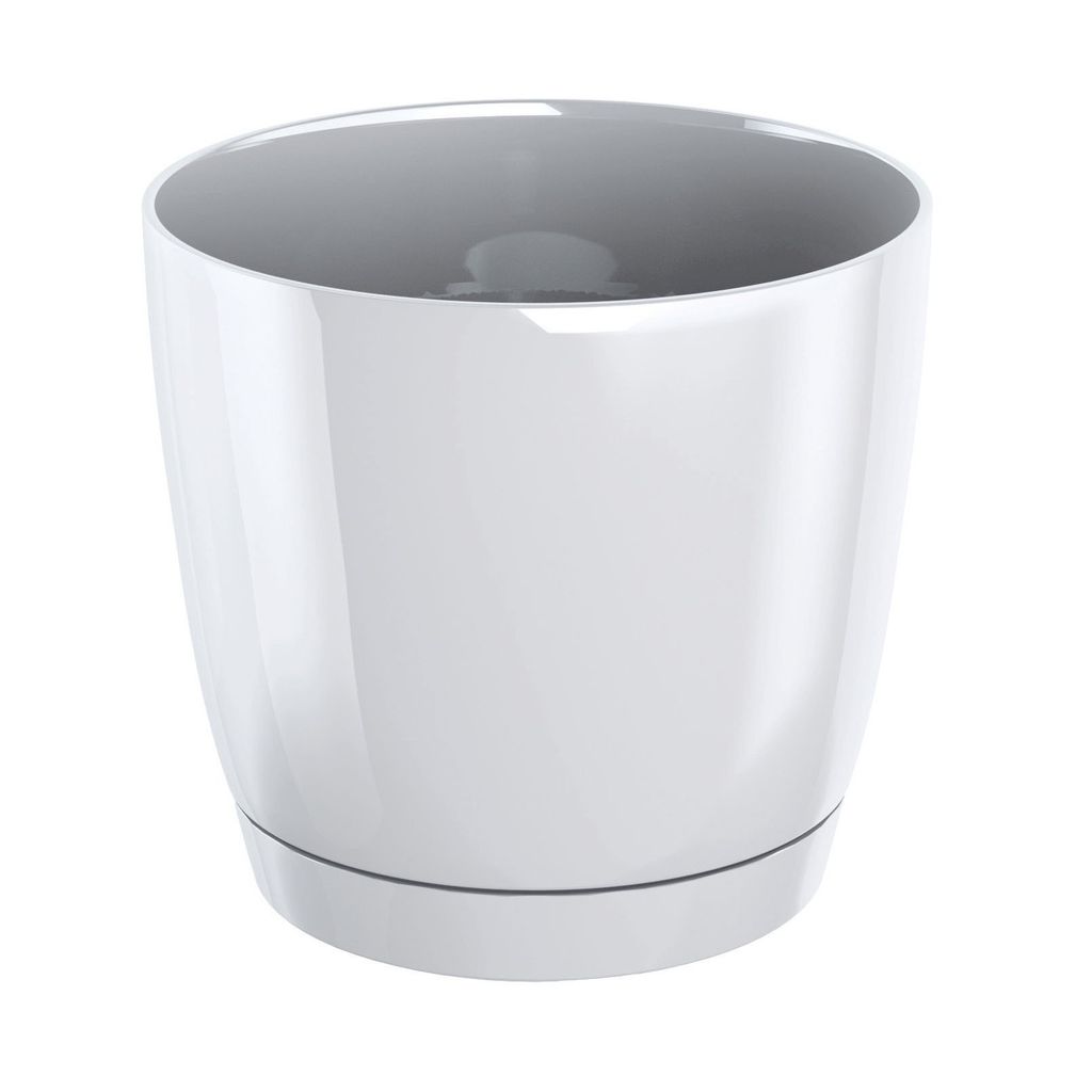 A white plastic plant pot with a saucer, shown from a front-side angle against a white background.