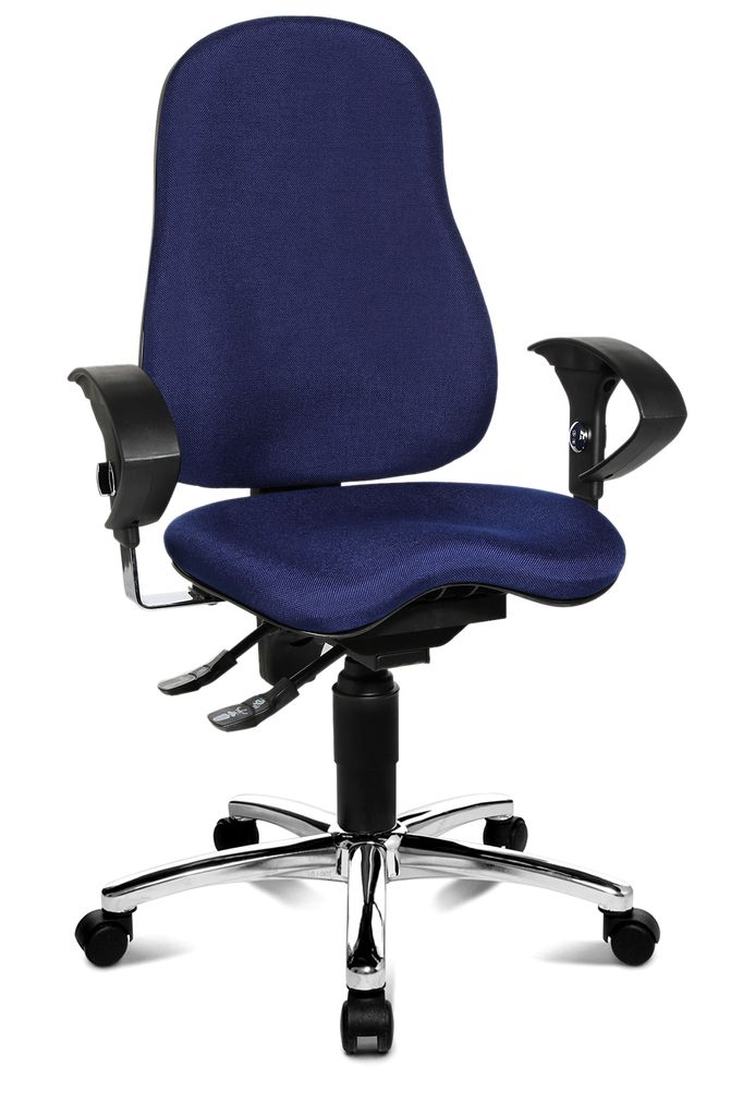 A blue office chair with black armrests and a silver base is shown against a white background.