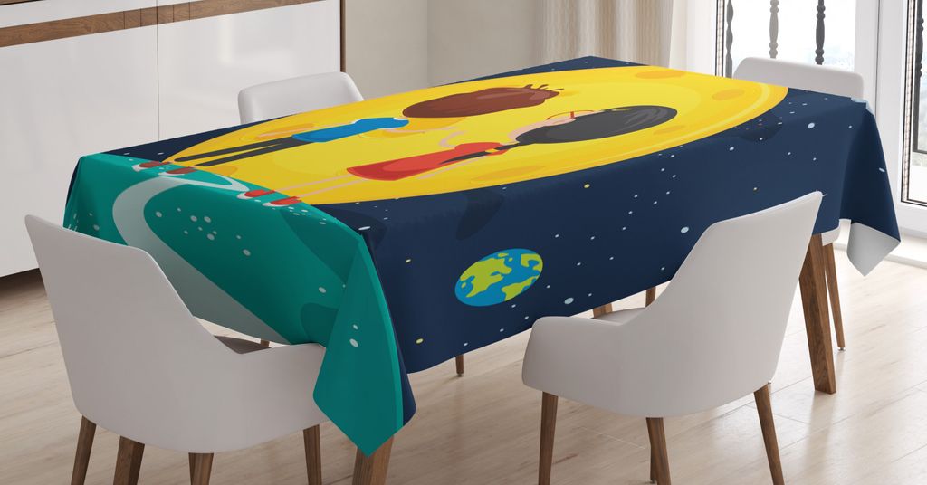 ABAKUHAUS Karikatur Tischdecke, Mond-Planeten-Mädchen und Junge, Druck mit Klaren Farben ohne Verblassen Waschbar für innen oder Außen Bereich, ...