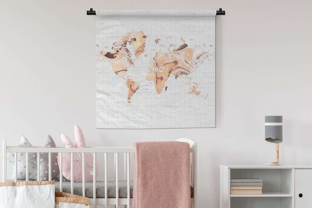 MuchoWow Wandteppich Wandbehang Weltkarte - Orange - Braun 90x90 cm Tapisserie Dekoration Wandtuch - Wandaufhänger