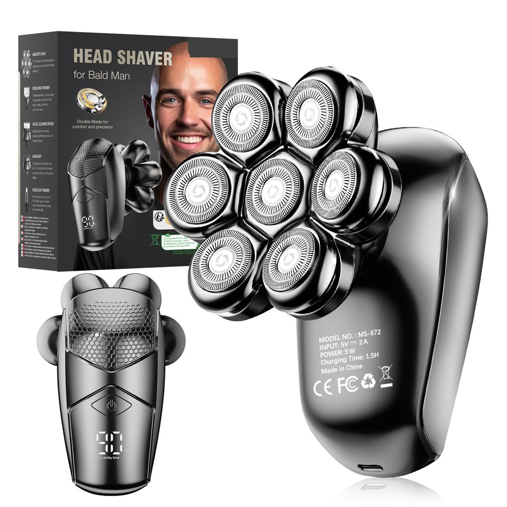 Glatzen Rasierer Herren Elektrisch, 5-in-1 Kopfrasierer Glatze Herren, IPX7 Wasserdichter mit 7 rotierende Scherköpfe, Nasenhaar-Kotelettenschneider
