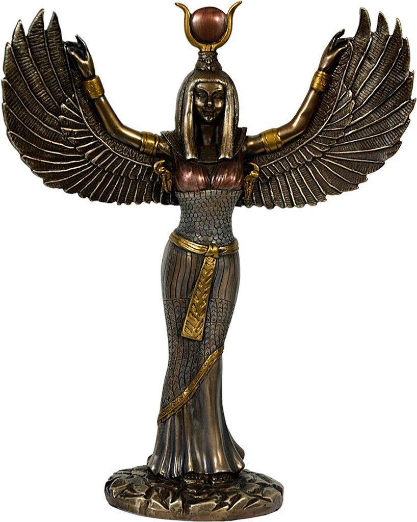 A bronze statue of the Egyptian goddess Isis with outstretched arms and wings.