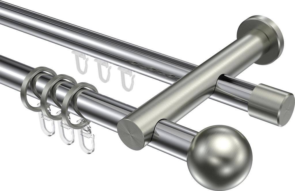 Interdeco Rundrohr-Innenlaufstange / Gardinenstange (Kombination) Chrom / Edelstahl-Optik, Typ Platon Luino (Kugel), 20 mm Ø 2-läufig, 180 cm