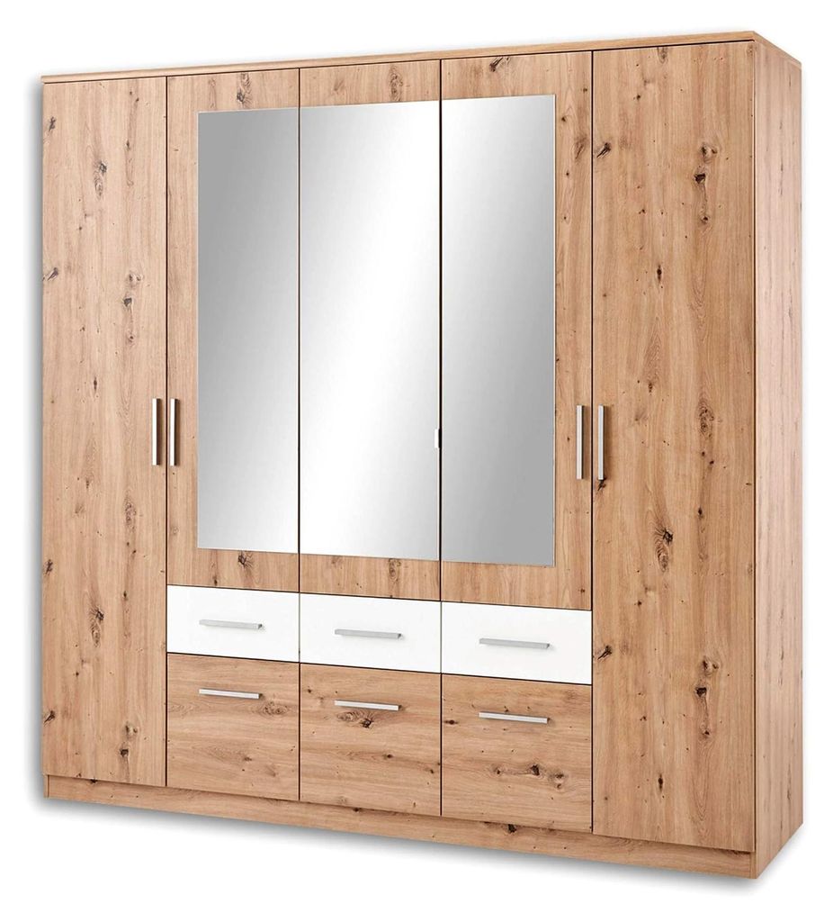 Eleganter Kleiderschrank mit Spiegel - Vielseitiger Drehtürenschrank in Artisan Eiche Optik und Weiß - 212 x 213 x 60 cm (B/H/T)