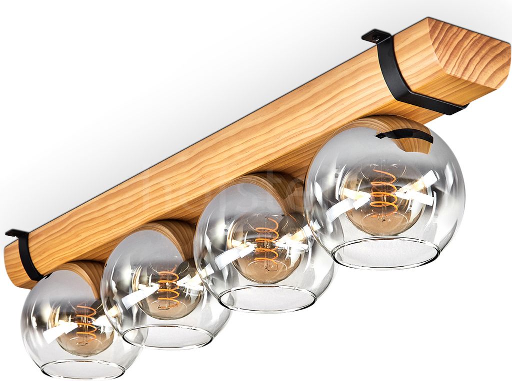 Cesaro Deckenlampe aus Holz/Metall/Glas in Natur/Schwarz/Rauchfarben/Klar