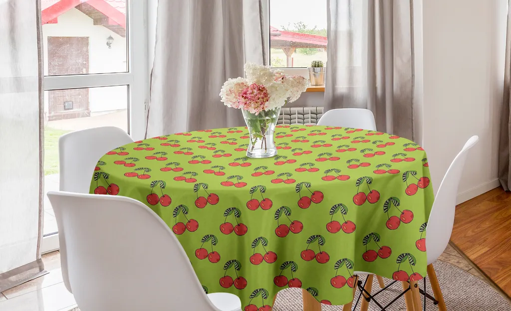 ABAKUHAUS Tovaglia rotonda decorativa da giardino, tema primavera con ciliegie, tovaglia circolare per sala da pranzo e decorazione cucina, 150 cm, verde mela e rosa scuro