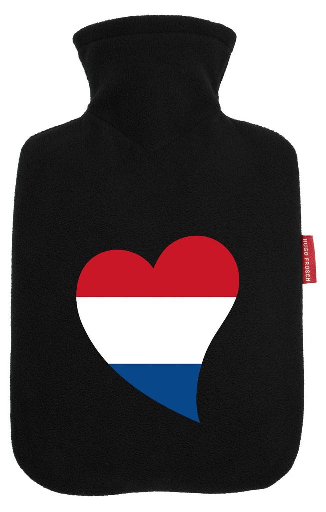 Huuraa Wärmflasche Niederlande Flagge Herz 1,8 Liter Black Classic Veloursbezug Bettflasche Geschenkidee