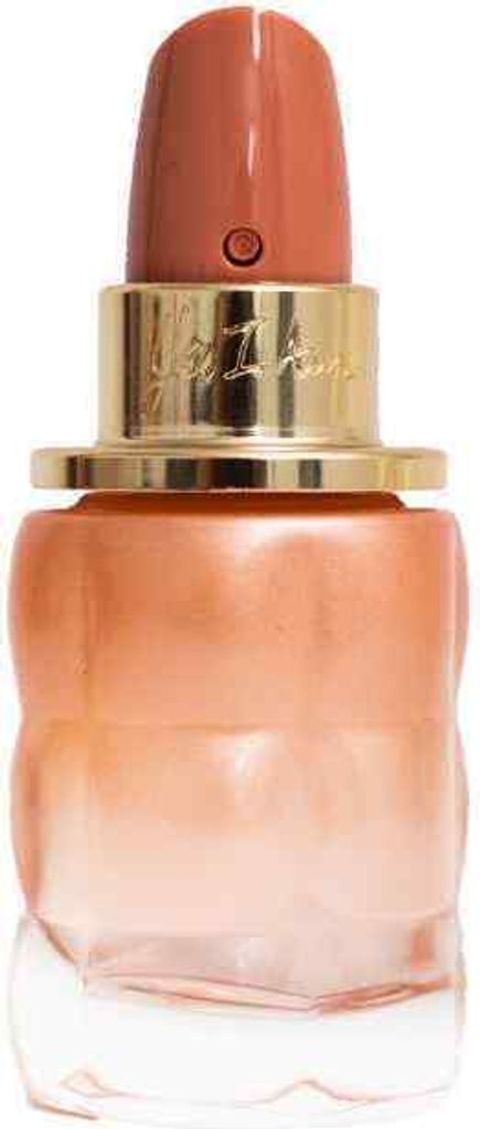 A perfume bottle with a lipstick-shaped cap.