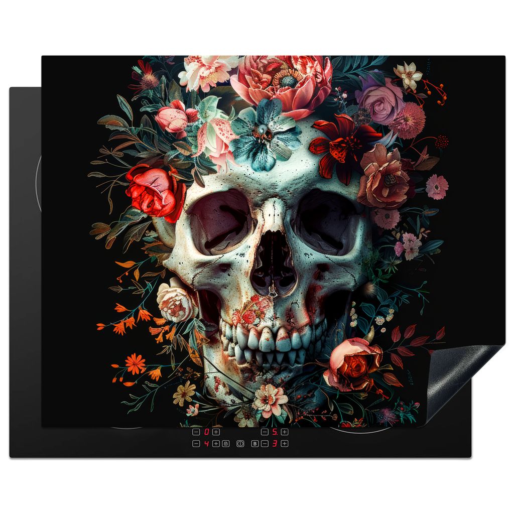 KitchenYeah Herdabdeckplatte Totenkopf - Blumen - Rosa , 65x52cm, Küche Deko, Glaskeramikkochfeld Herdabdeckung, Abdeckplatte fùr Kochfeld