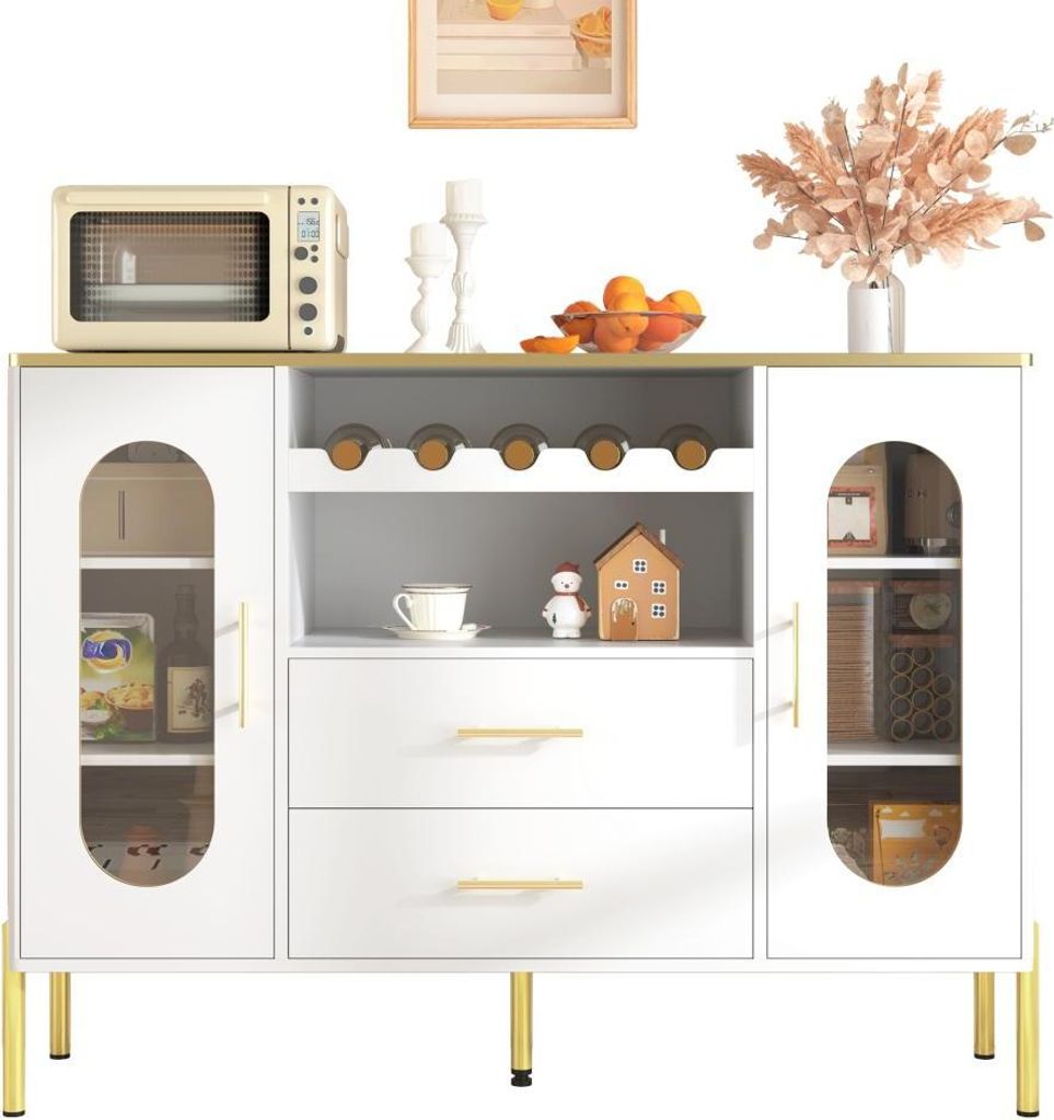 AIORBER Weißes Sideboard, Glasfronten & Weinregal – Sideboard für Esszimmer & Wohnzimmer – Verstellbarer Fuß – Viel Stauraum & modernes De...