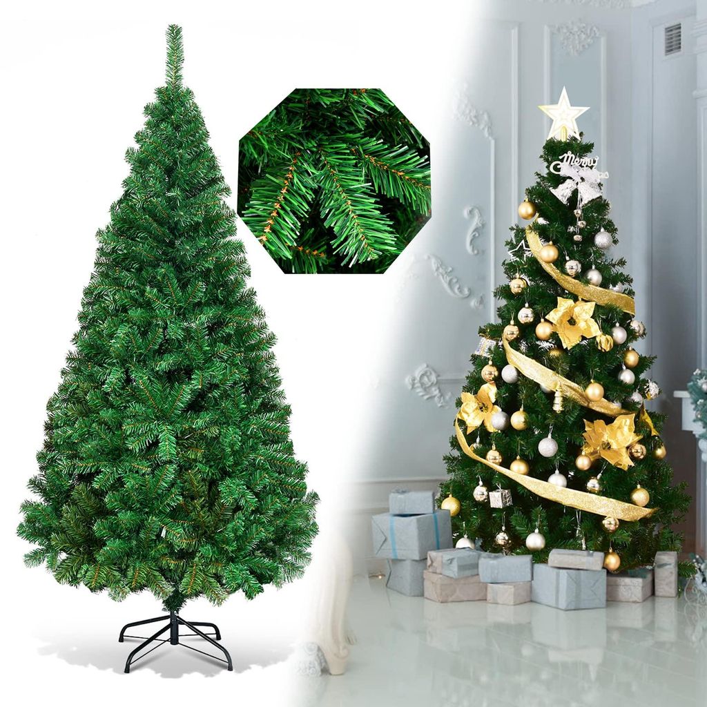 A collage showing an artificial Christmas tree on the left and a decorated Christmas tree in a room on the right.