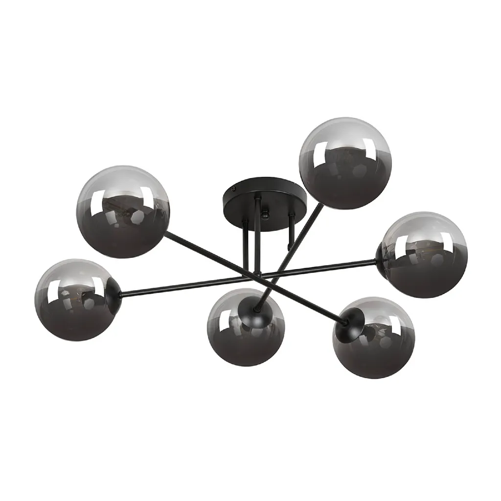Grand Plafonnier Lustre 6 Lumières BRENDI Style Industriel Noir et Gris