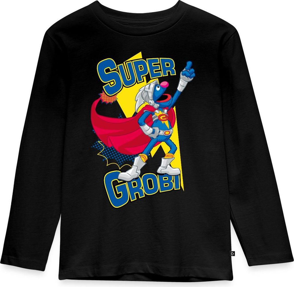 Spreadshirt Sesamstraße Grobi Supergrobi Superheld Kinder Premium Langarmshirt, 122/128 (6 Jahre), Schwarz
