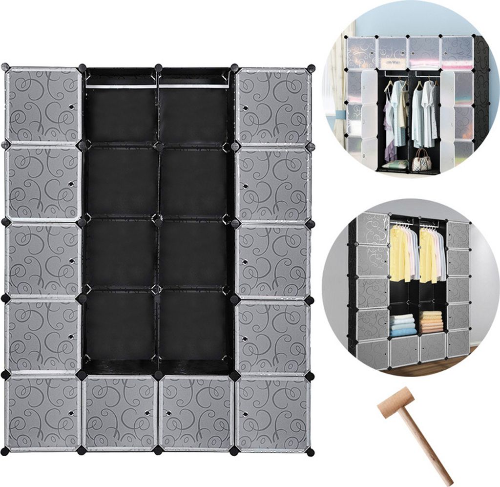 TolleTour DIY Kleiderschrank Regalsystem Schuhregal 20 Würfel Garderobe aus Kunststoff, 142x37x180cm Schwarz und weiß