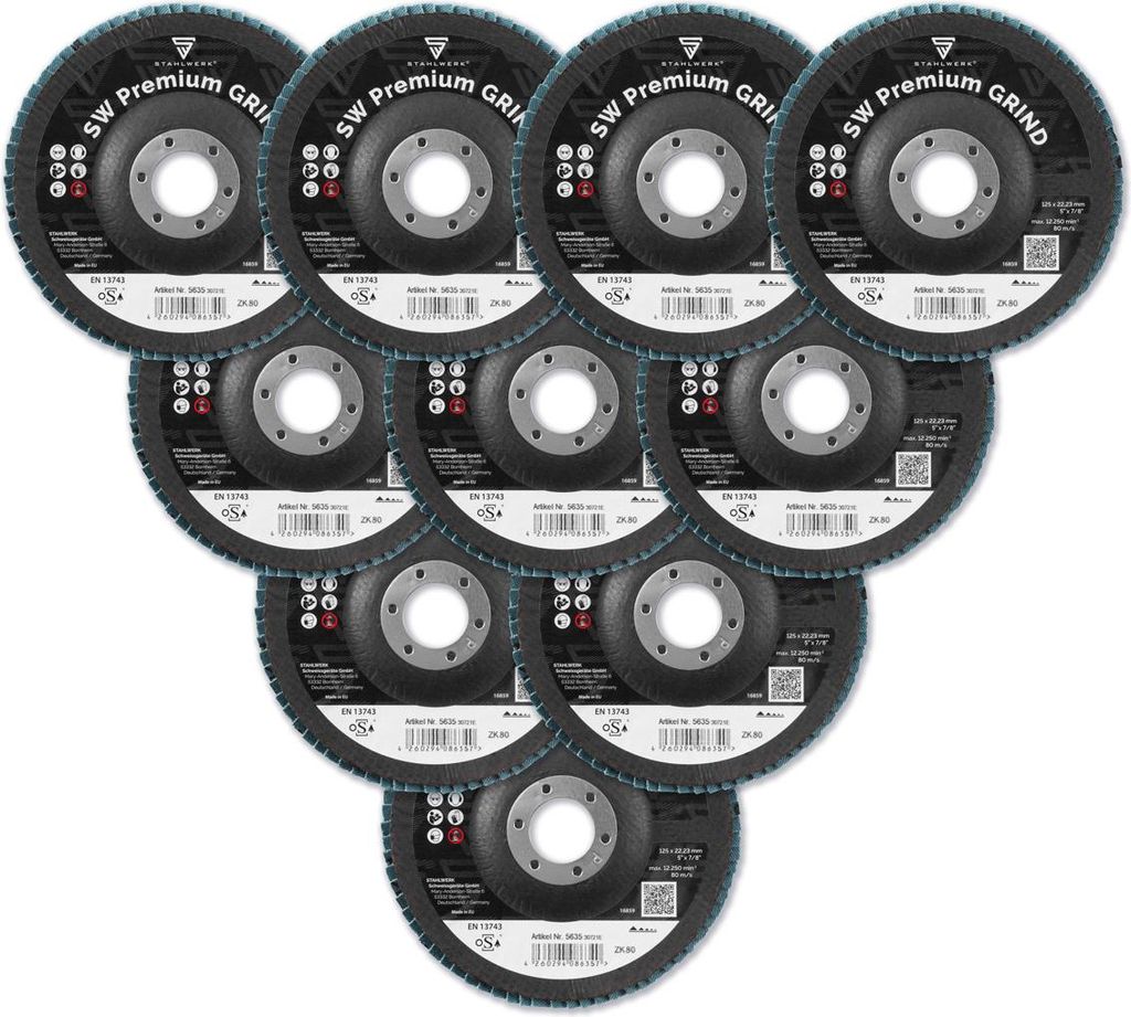 STAHLWERK Schleifscheibe Fächerscheibe Lamellenscheibe P80 Ø125 mm 10er Set