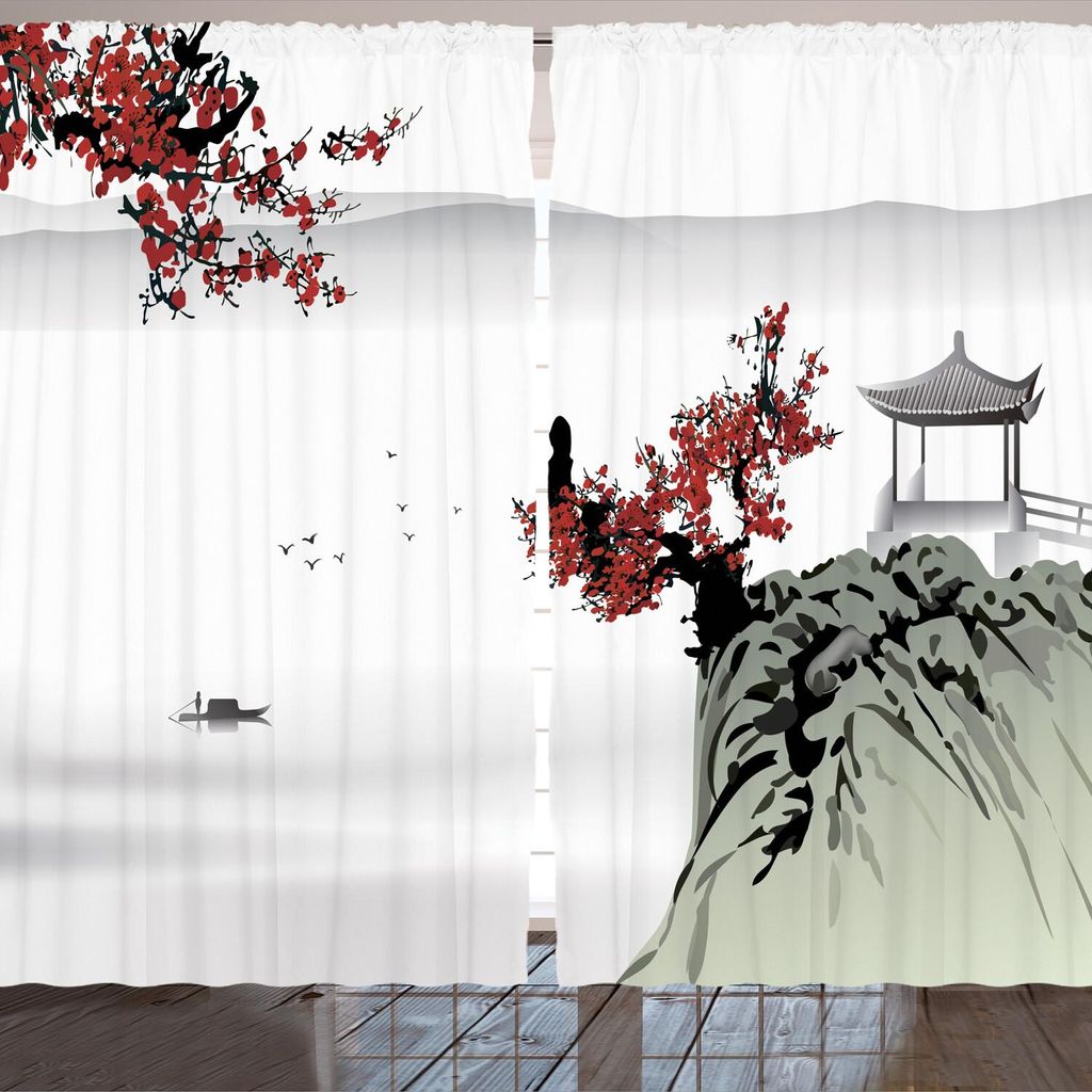 ARANDE asiatisch Gardine, Asiatische Fluss Mit Kirschblüten Boots Hinweisen Mystische Ansicht Kunst, 280 x 245 cm, Rubin Pale Grau